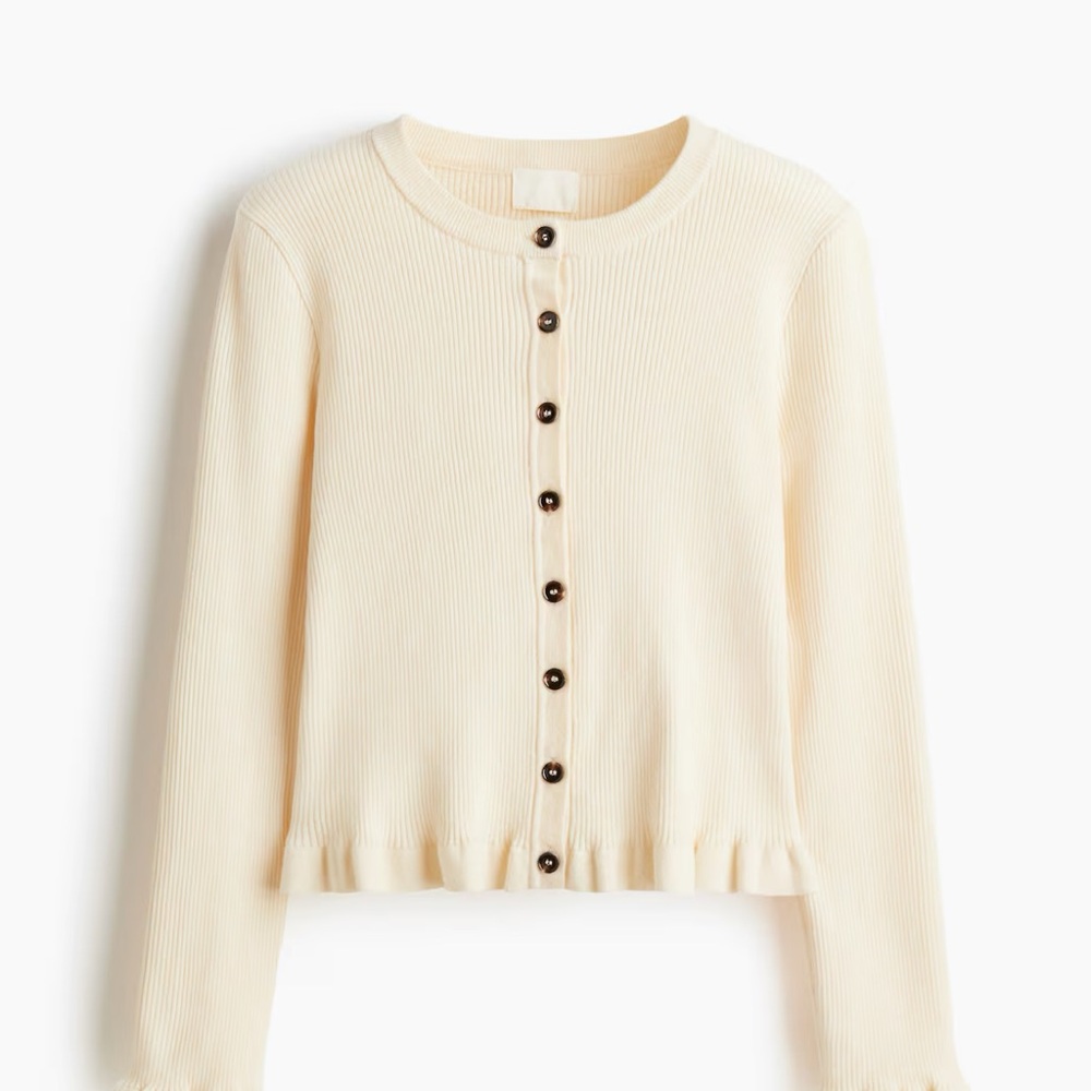 Ribbed Button-Front Crewneck Cardigan - Cream